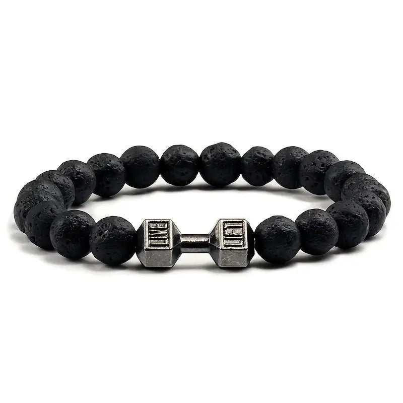 Natural Black Volcanic Lava Stone Dumbbell Bracelet With Matte Beads For Men And Women Fitness Jewelry