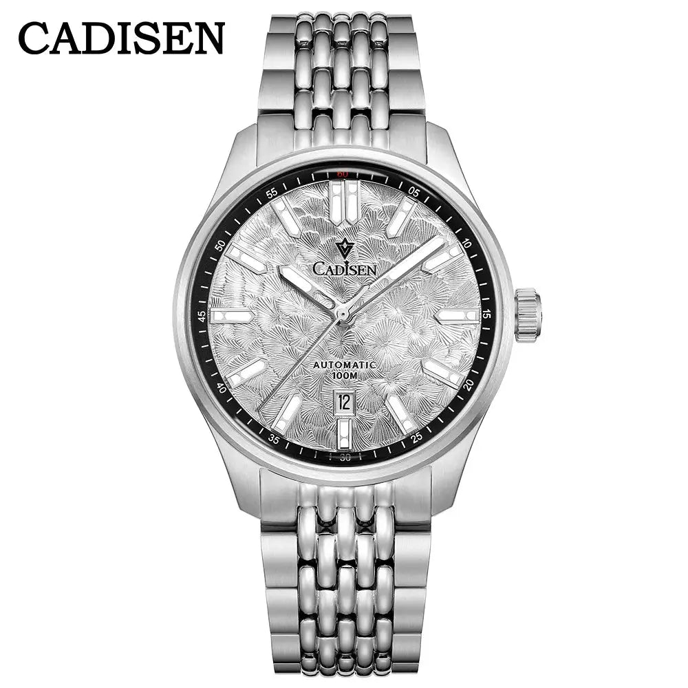 CADISEN stainless steel men's automatic wristwatch with a patterned dial, date window at 6 and 100M water resistance.