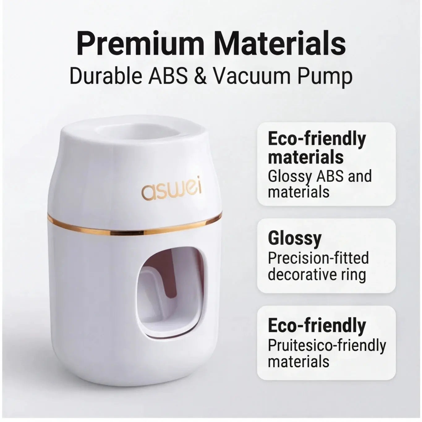Toothpaste refill rack and squeezer, white glossy ABS with gold trim; aswei branding.