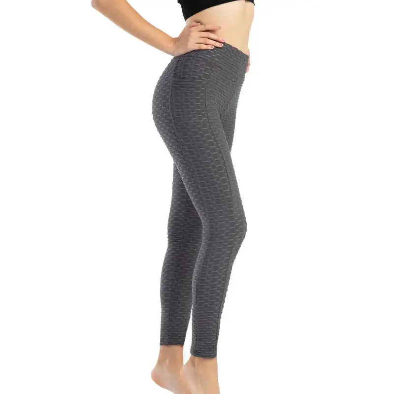 Women pocket bubble pants by Simples Market, high-waist grey stretchy leggings for gym.