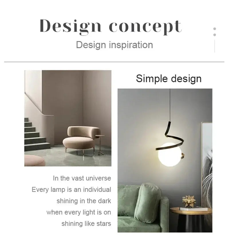 Nordic LED pendant light by Simples Market; minimalist spiral hanging lamp with globe bulb