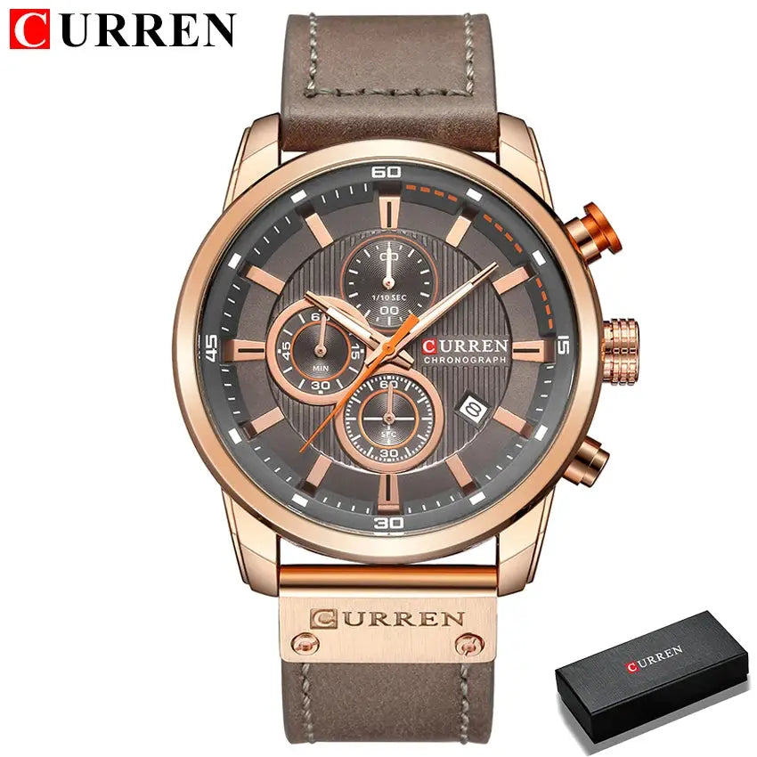 Curren 8291 men's quartz chronograph watch with brown leather strap and rose gold-tone case