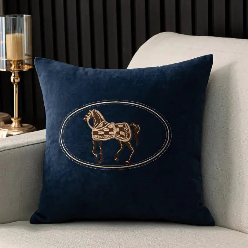 Simples Market navy blue cushion cover with hand-embroidered horse inside oval frame, 45x45cm