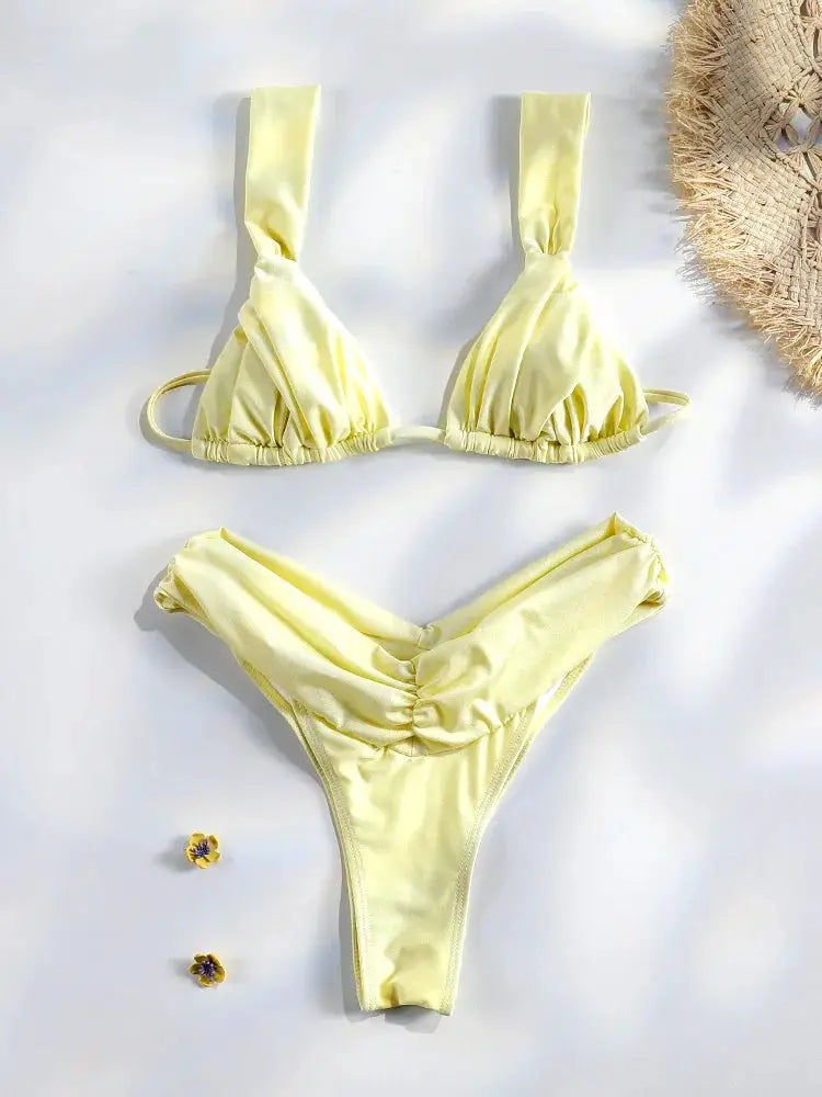 Sexy Folds Bikini Set Solid Micro Triangle Swimwear for Women Two Piece Beachwear Bathing Suit
