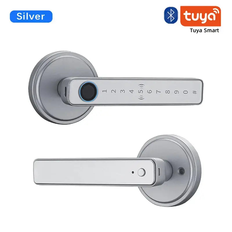 Tuya silver smart door lock with fingerprint keypad and keycard reader