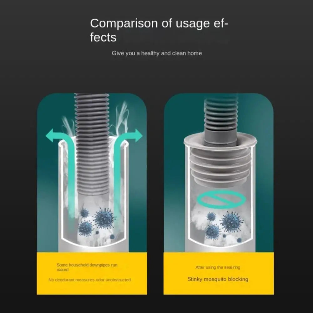 Washing machine drain pipe seal gray sealing ring; two-panel illustration showing odor prevention and mosquito blocking.