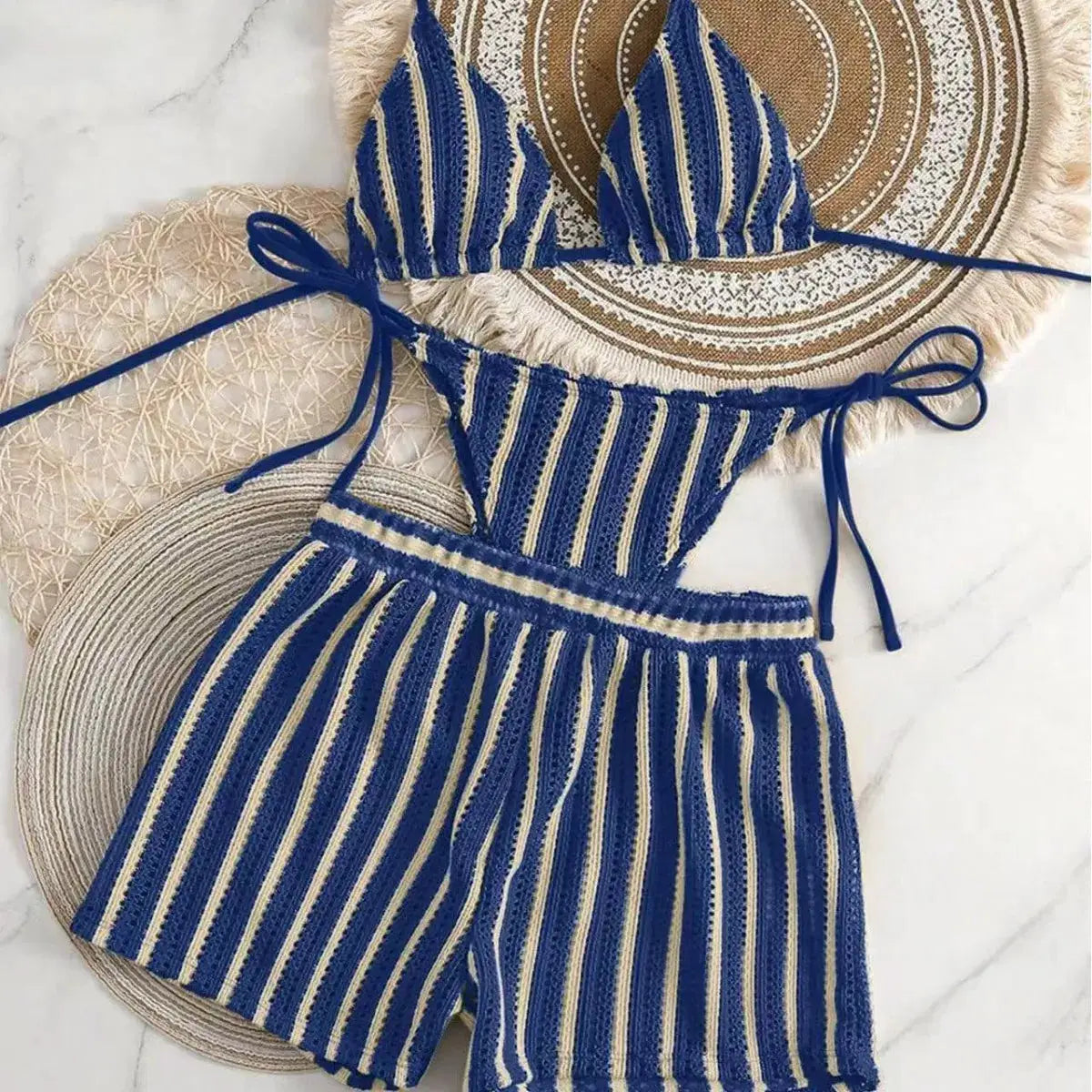 Bikini set in blue and white stripes with mesh neck-lace-up top and matching high-waisted shorts