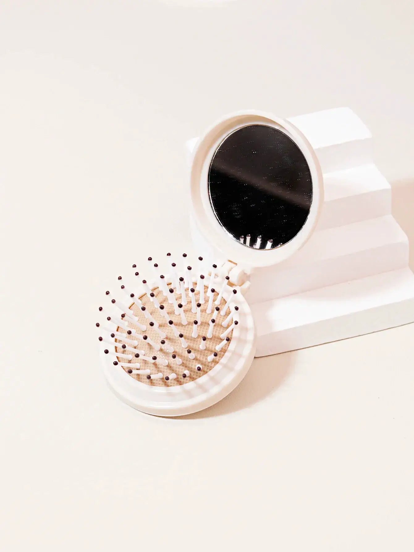 Compact folding mirror and white anti-static travel hair brush, 2-piece set