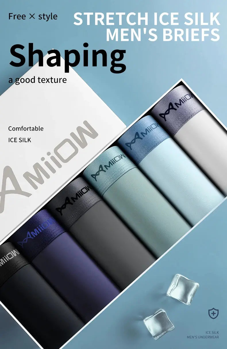 MiiOW 4-pcs ice silk men's boxer shorts set in assorted colors, graphene antibacterial, seamless breathable underwear