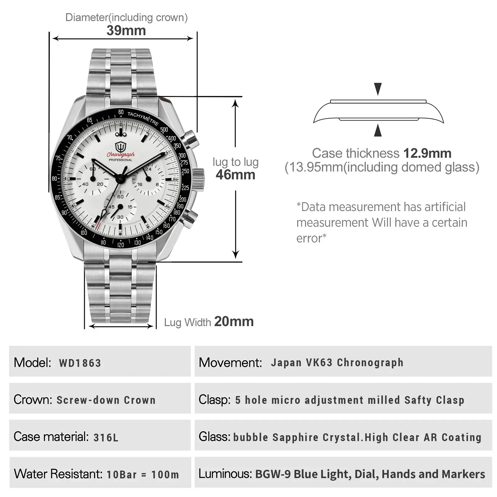 Watchdives WD1863 chronograph watch on stainless steel bracelet with white dial and black tachymeter bezel and subdials