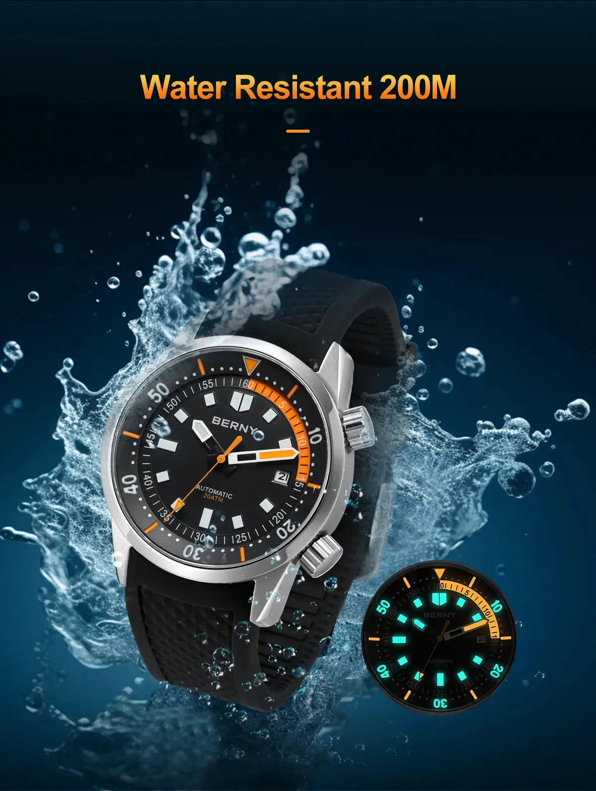 BERNY men's dive watch with black dial, orange accents, luminous hands, 200M water resistance.