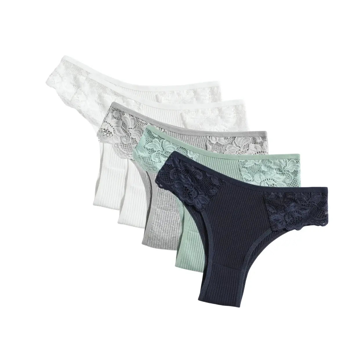 5-pack women cotton panties with lace side panels; low-rise rib briefs in white ivory gray mint navy - Simples Market