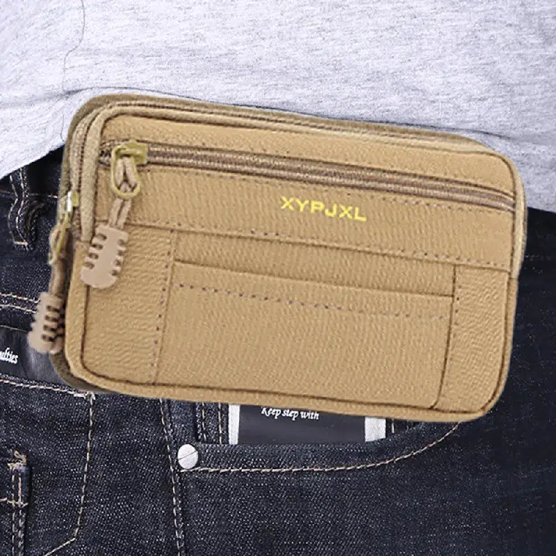 Tan nylon men's waist bag with zippered pockets and XYPJXL logo
