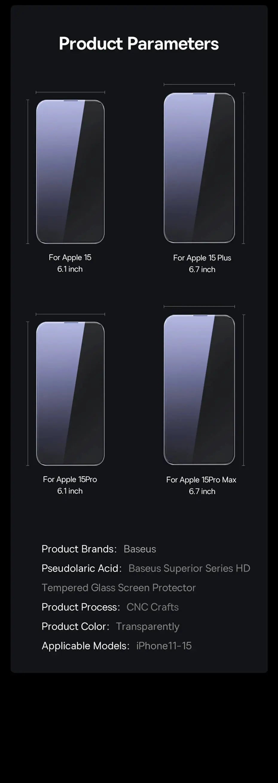 Baseus tempered glass screen protector set for iPhone 11–15 Pro/Max, transparent anti-peep edges, four sizes.