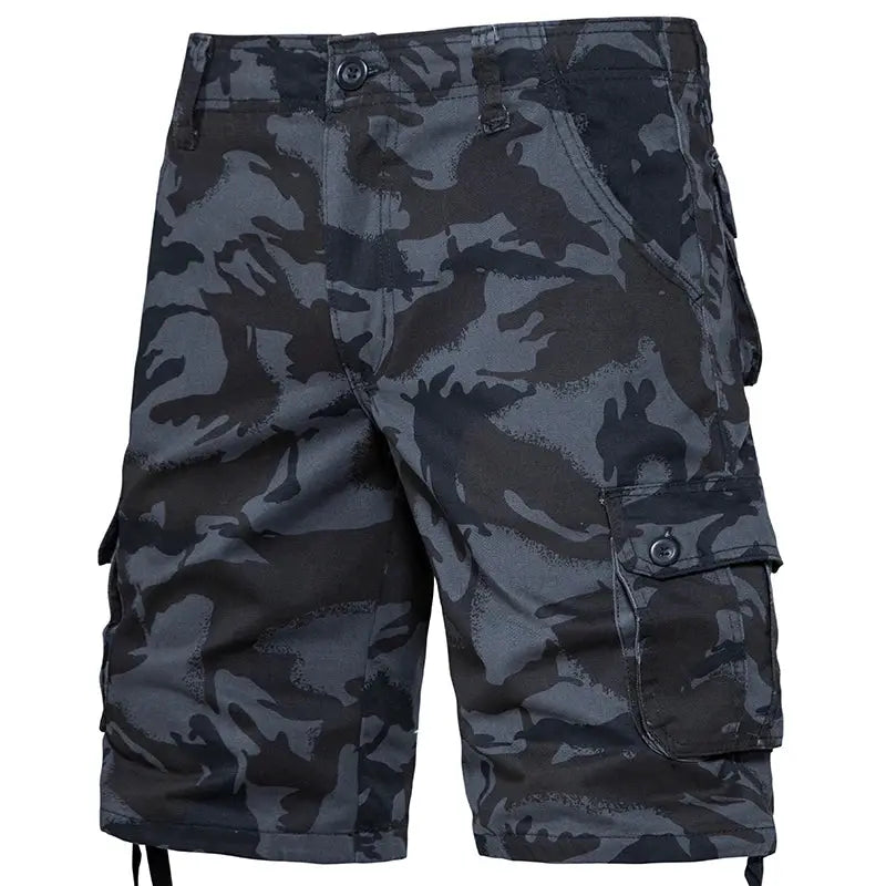 Men's camouflage cargo shorts by Simples Market; cotton fabric, black-gray camo, side pockets