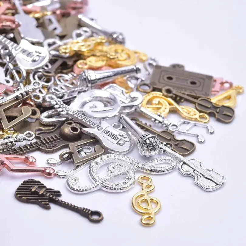 50 Pcs Lot Vintage Hip Hop Musical Instrument Charms For DIY Jewelry Mixed Violin Guitar Microphone Pendants