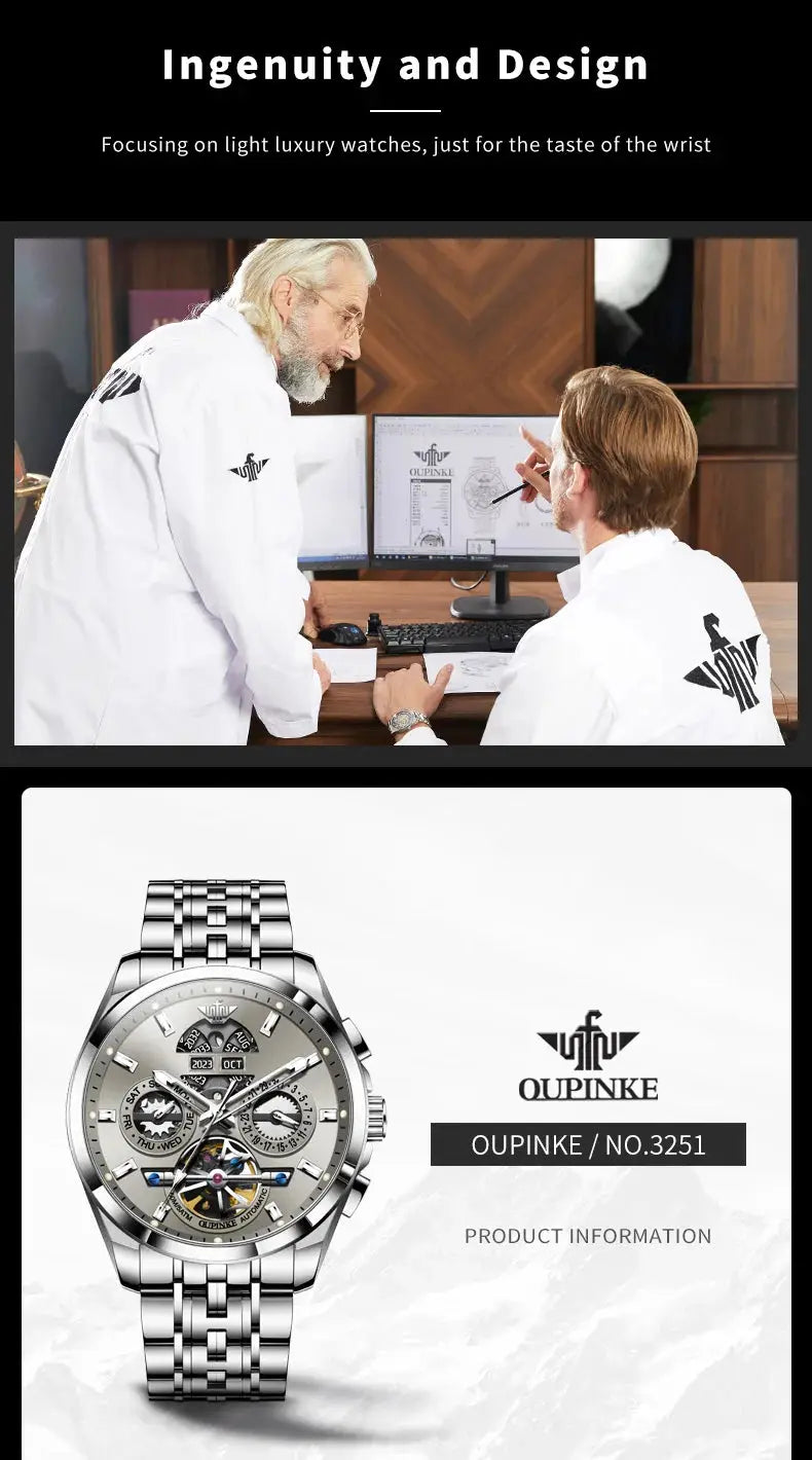 OUPINKE 3251 men's skeleton automatic wristwatch with a silver stainless steel bracelet