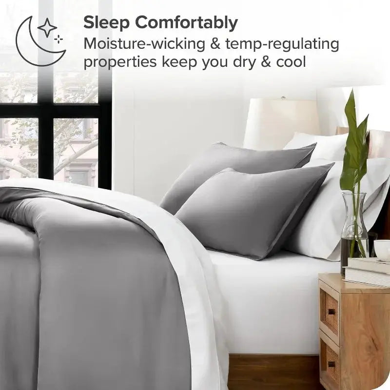 3pc Lyocell Bamboo Duvet Cover Set, solid grey with white edging, includes quilt cover and pillowcases