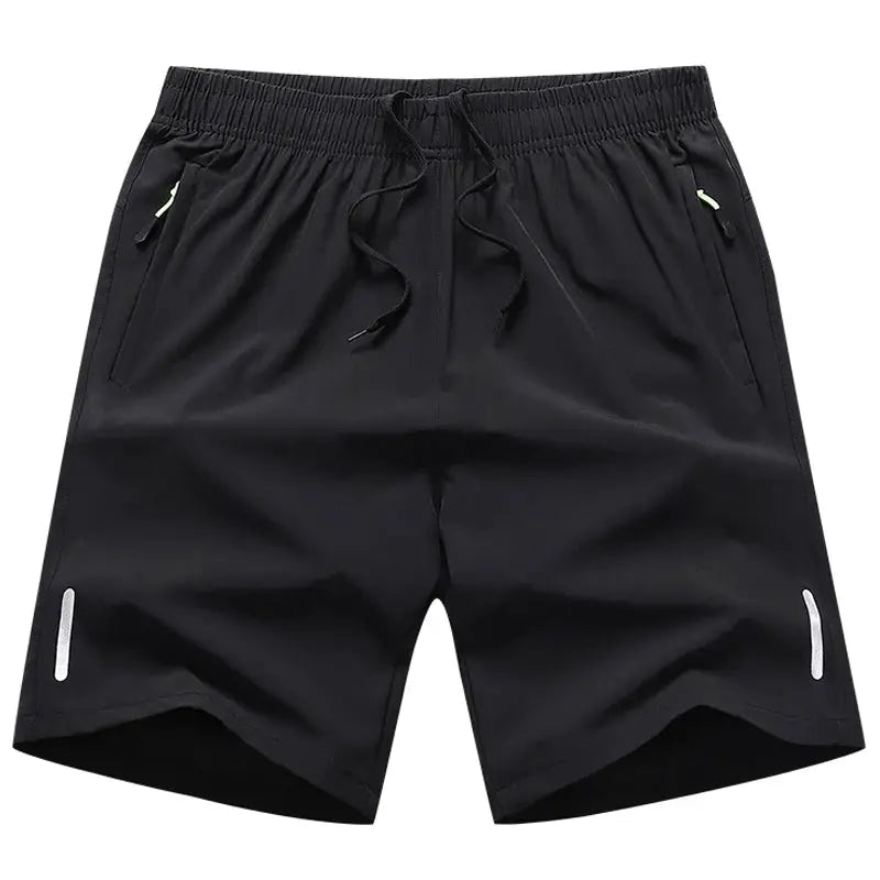 Men's black sport shorts by Simples Market with drawstring waistband, zip pockets, and white reflective trims