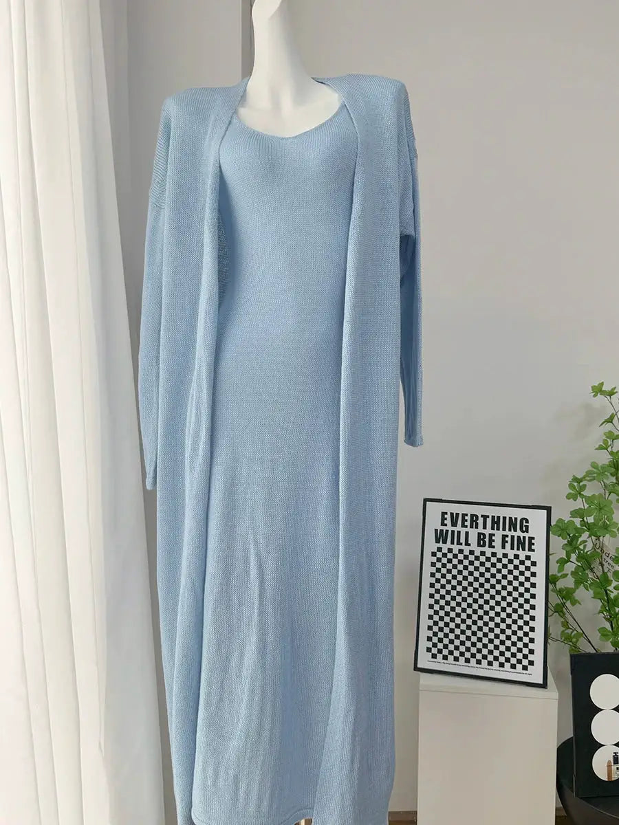 Three Piece Women Cardigan Vest Dress Set With Long Sleeve Outfit