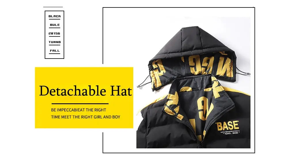 DIMUSI winter padded hooded jacket, black with yellow graphic lining and BASE logo.