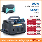 IEE P800 portable power station by Simples Market, 512Wh LiFePO4, black with teal panels, 2x800W outlets