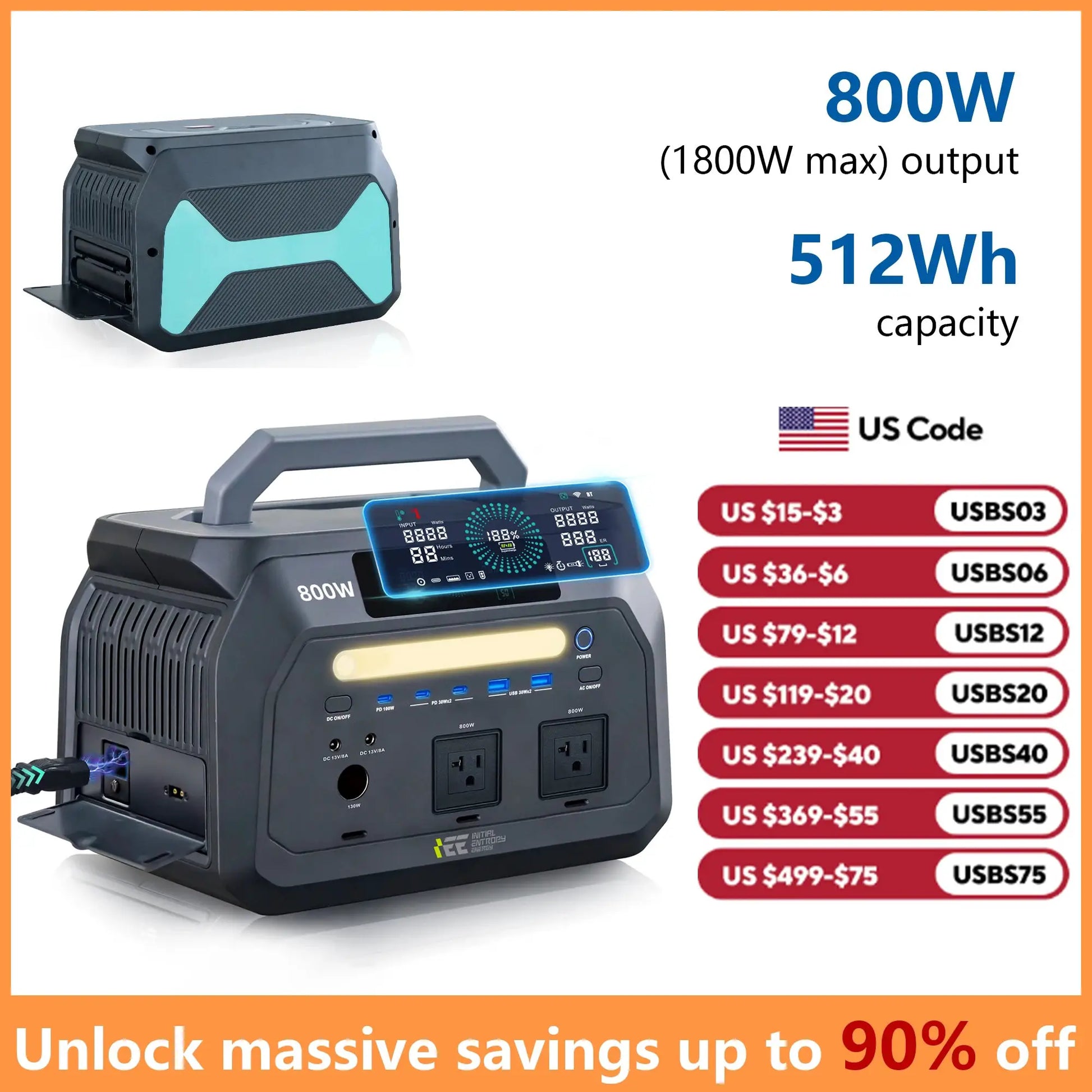 IEE P800 portable power station by Simples Market, 512Wh LiFePO4, black with teal panels, 2x800W outlets
