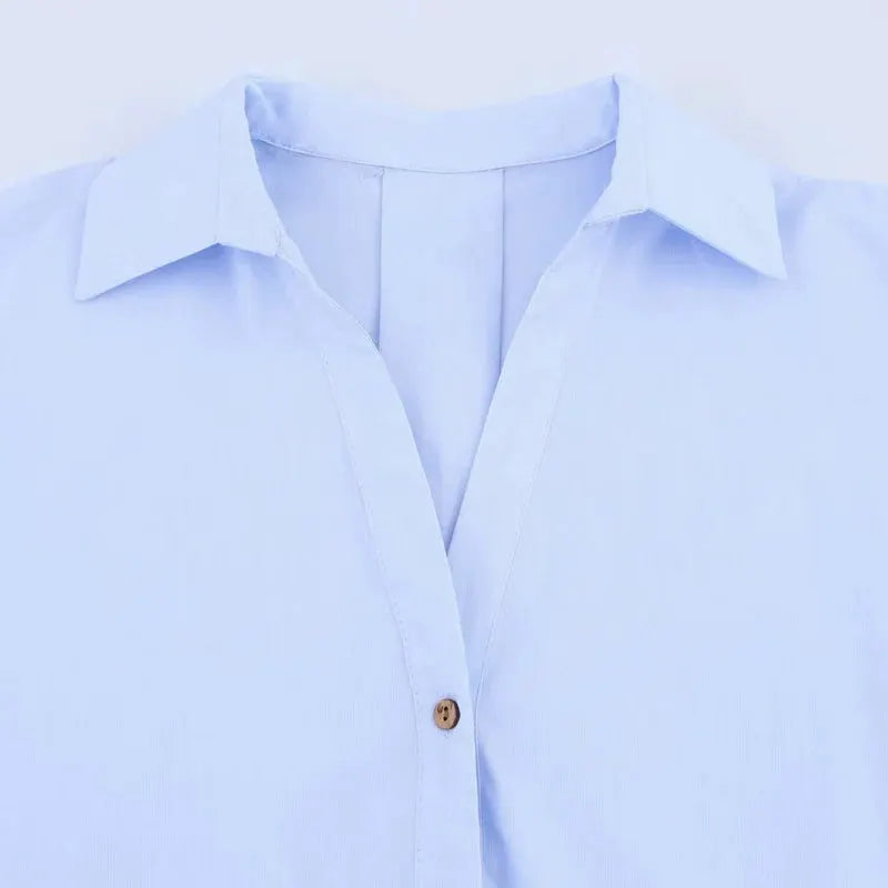 Women's light blue oversized shirt with classic collar and brown button placket