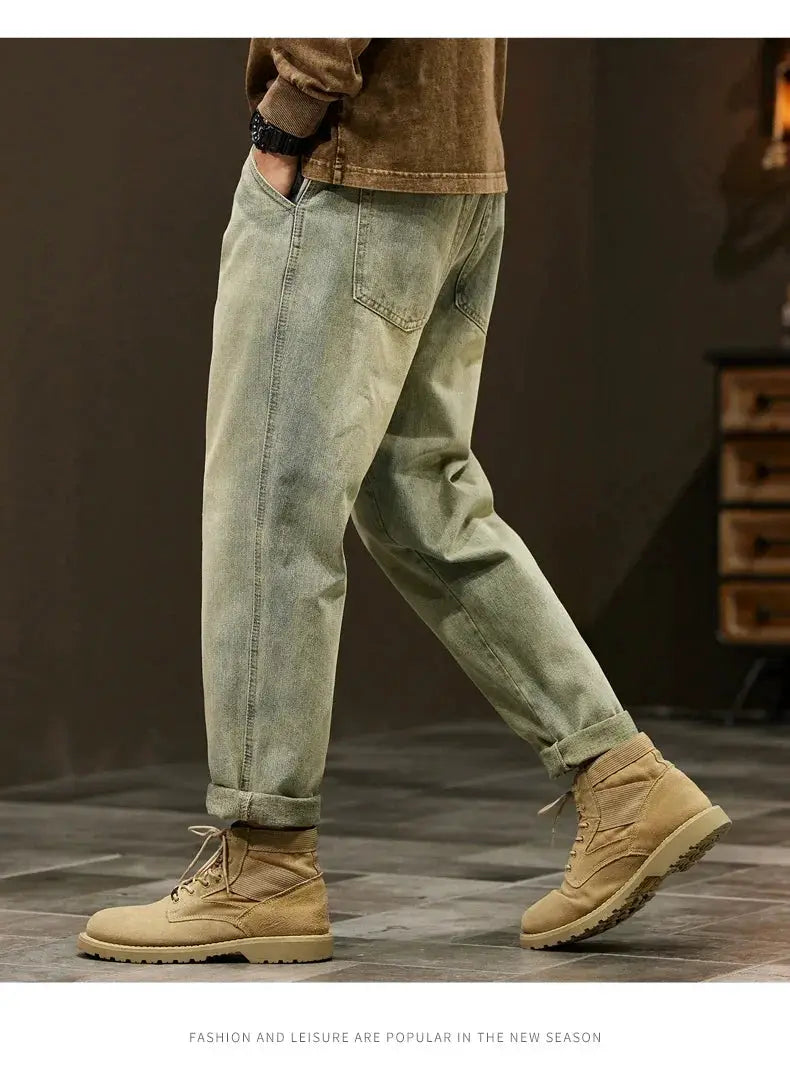 Men's loose harem denim jeans in light olive, 95% cotton, baggy casual outdoor pants