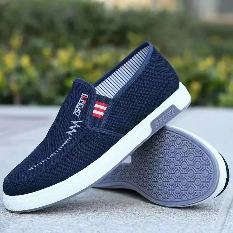 Men's navy breathable canvas slip-on sneakers by Simples Market with white sole