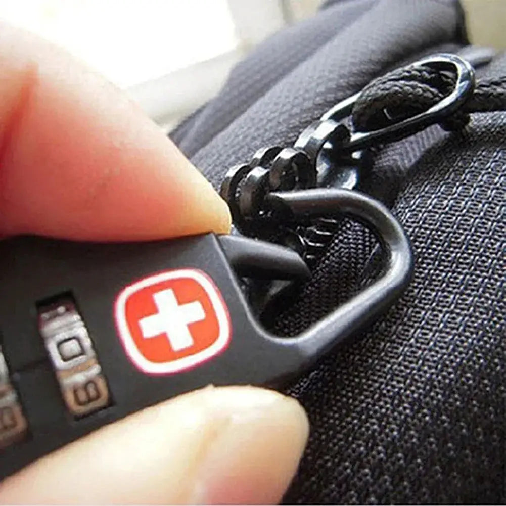Mini black combination padlock for suitcases and bags with zipper pull and red cross logo