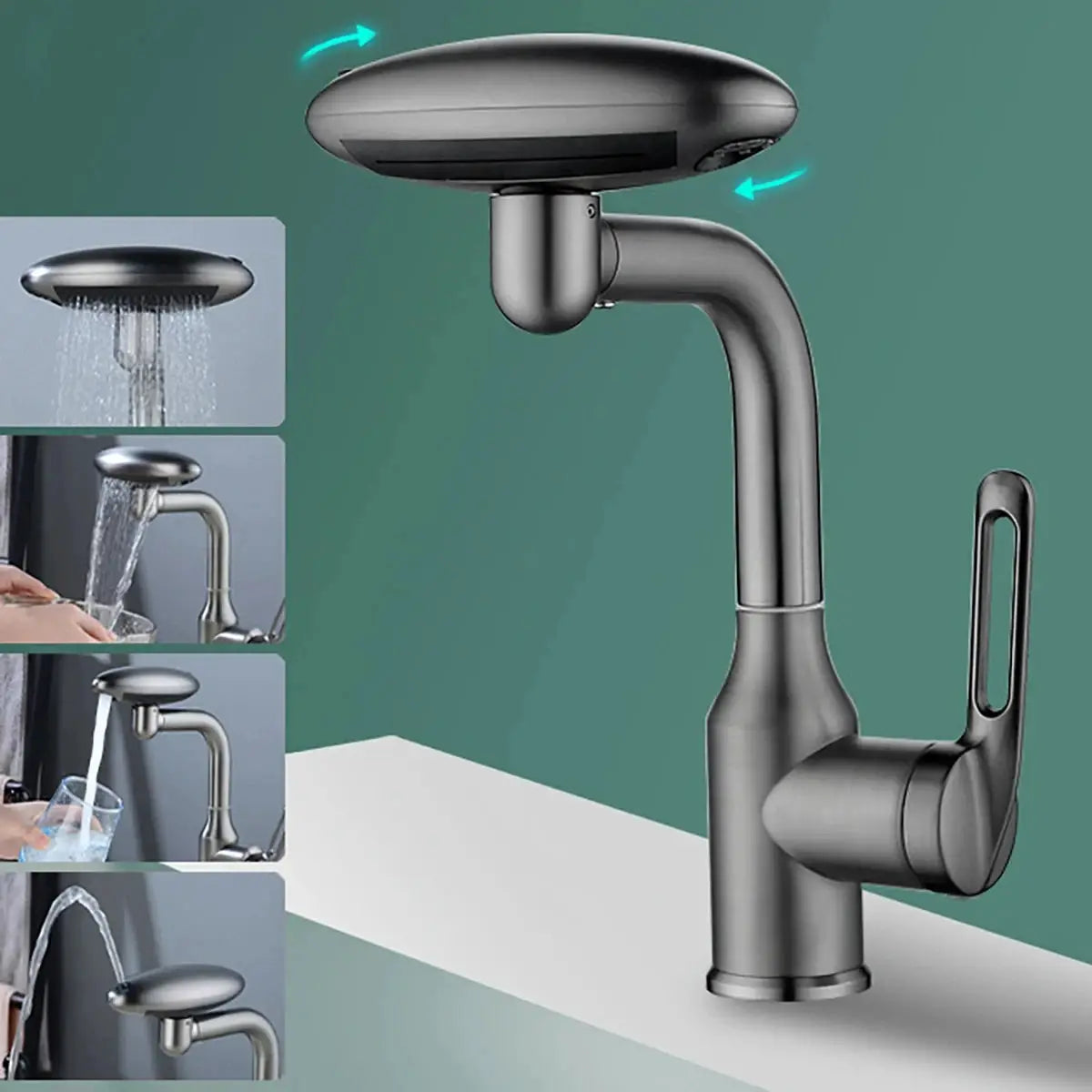 Simples Market bathroom waterfall basin faucet in brushed nickel with 360° rotation and four spray modes.