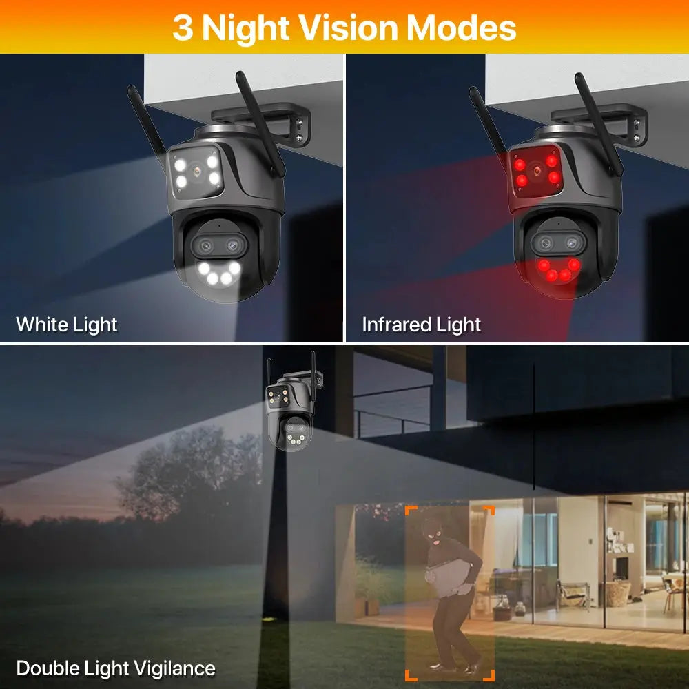 IP cameras by Simples Market, two outdoor WiFi PTZ units with dual lenses and white/infrared night vision