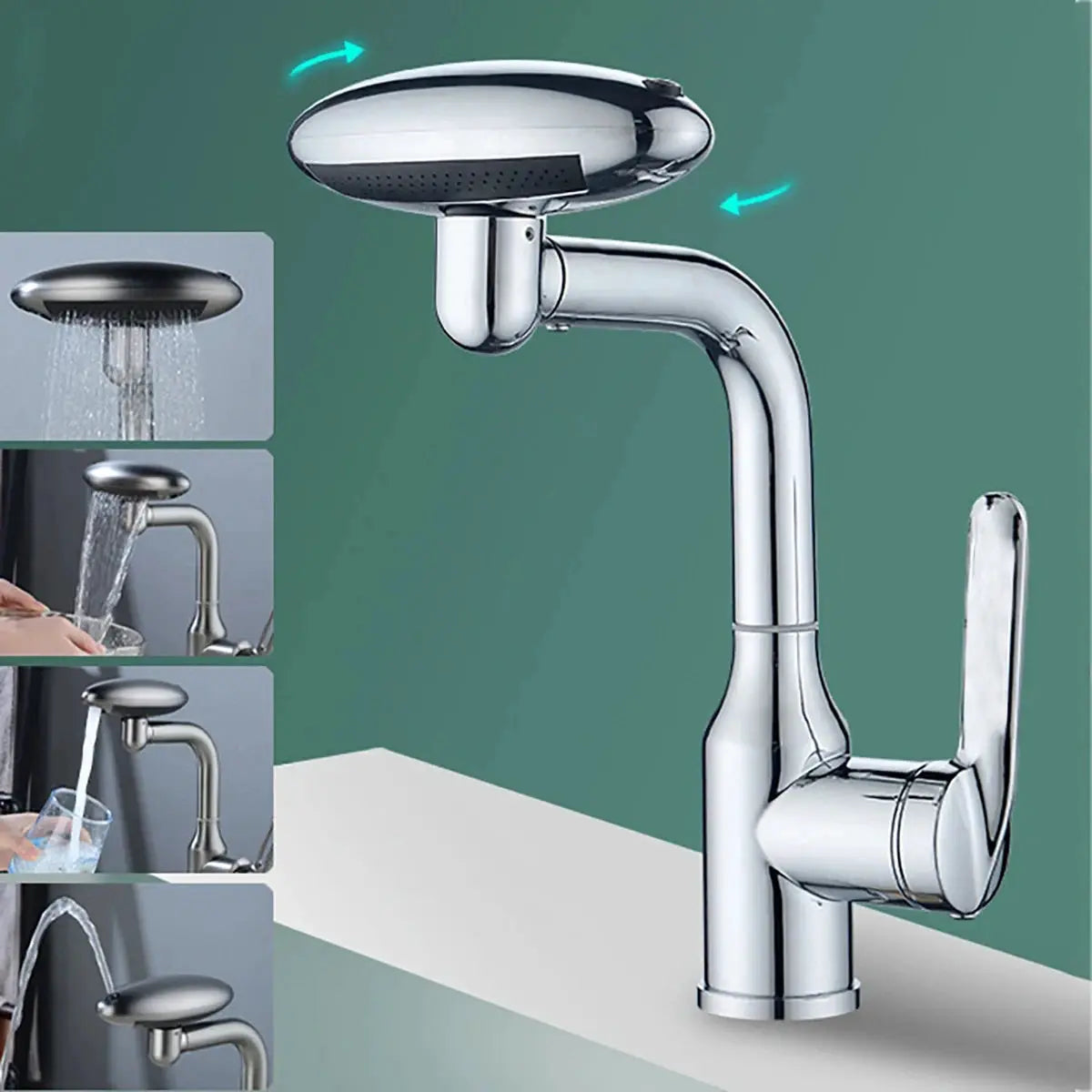 Chrome waterfall basin faucet by Simples Market with 360° rotation and four spray modes.