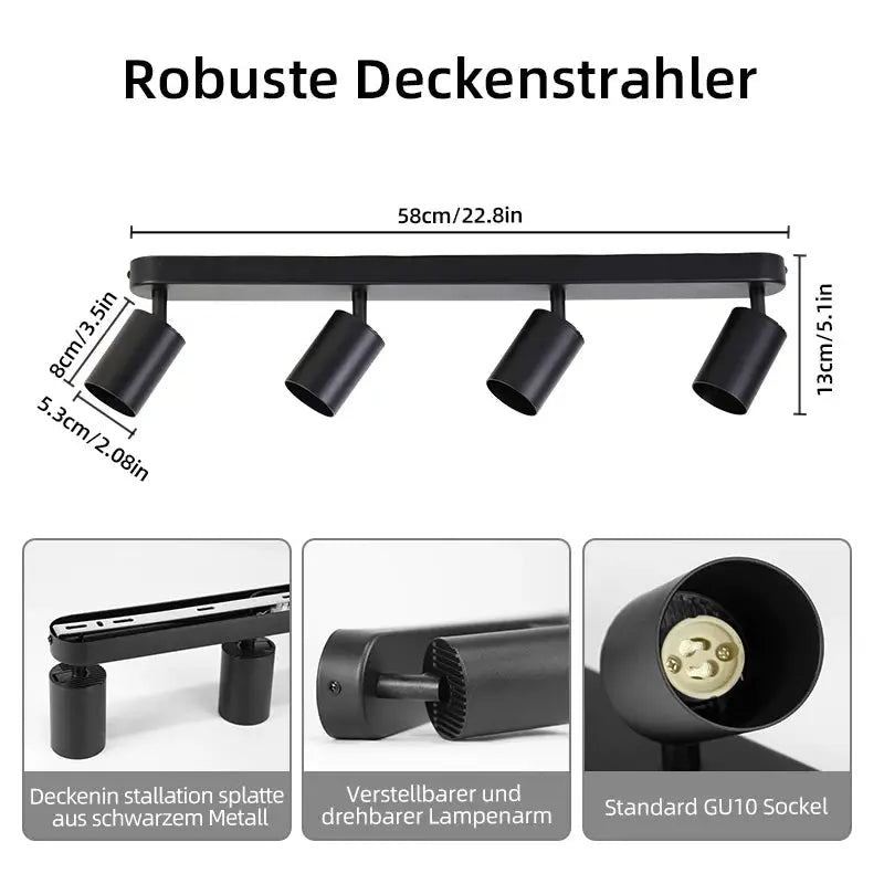 Modern black GU10 LED spotlight ceiling light with four adjustable cylindrical spotlights on a bar Simples Market
