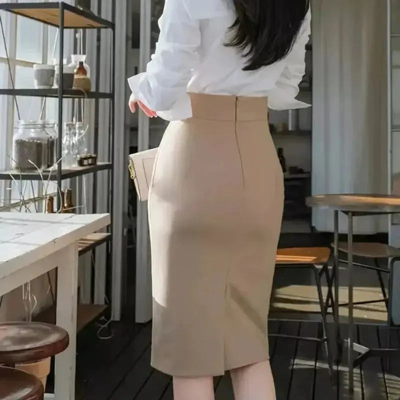 Pencil skirt beige high-waisted midi-length solid color for office wear