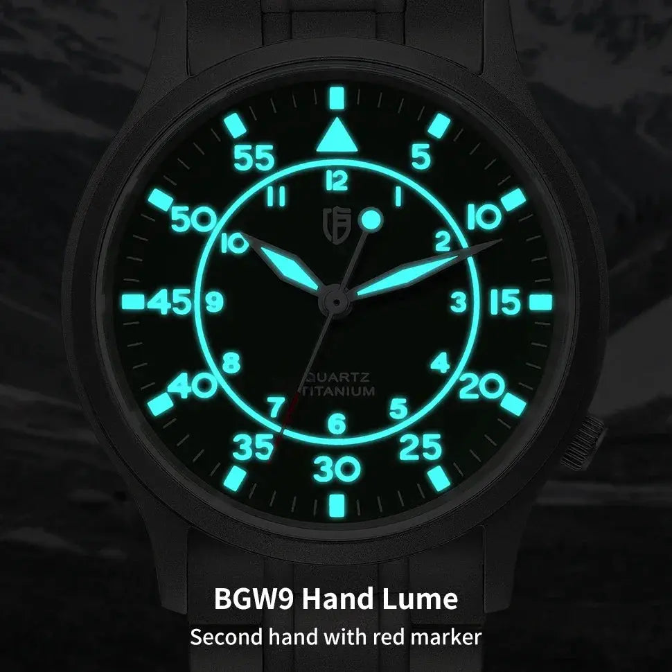 BERNY titanium men's watch with black case and band, luminous blue dial and hands, quartz movement.