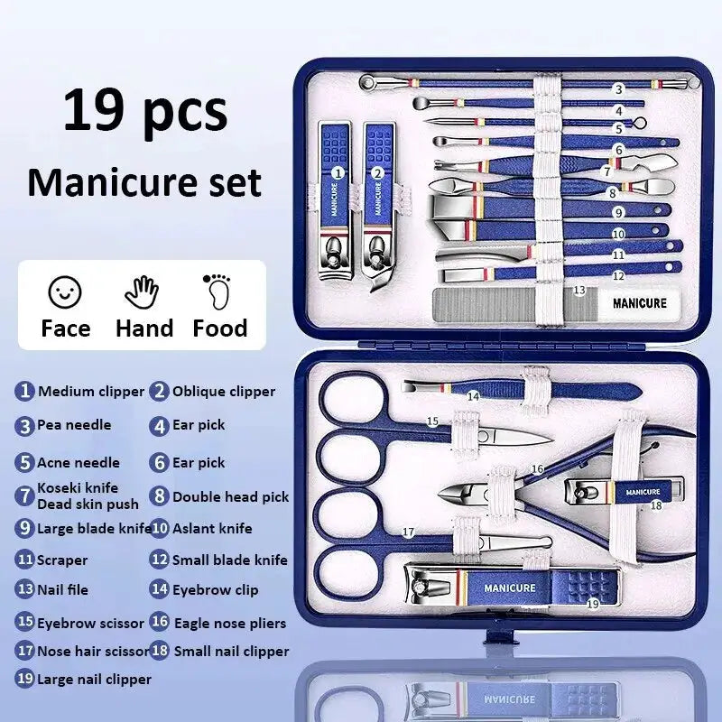Simples Market 19-piece stainless steel manicure set in blue folding case with nail clippers and scissors