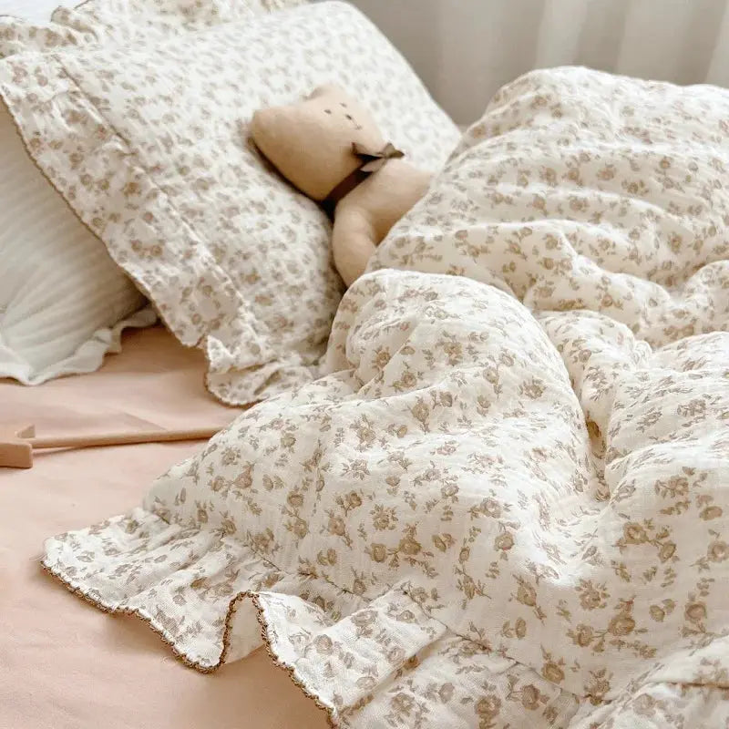 INS Princess floral gauze bedding set with ruffle-edge, by Simples Market, 100% cotton, cream with beige flowers, 3pc