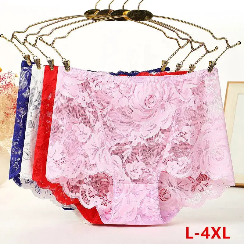 Plus-size lace panties set of five in assorted colors, high-waist underwear for women, L-4XL