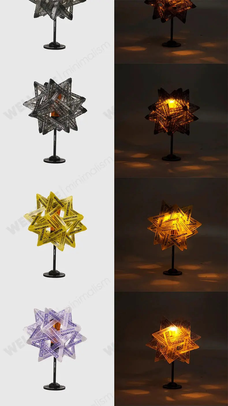 WELLHIKE star camping lampshade on black metal stand; four color options with WELLHIKE print.