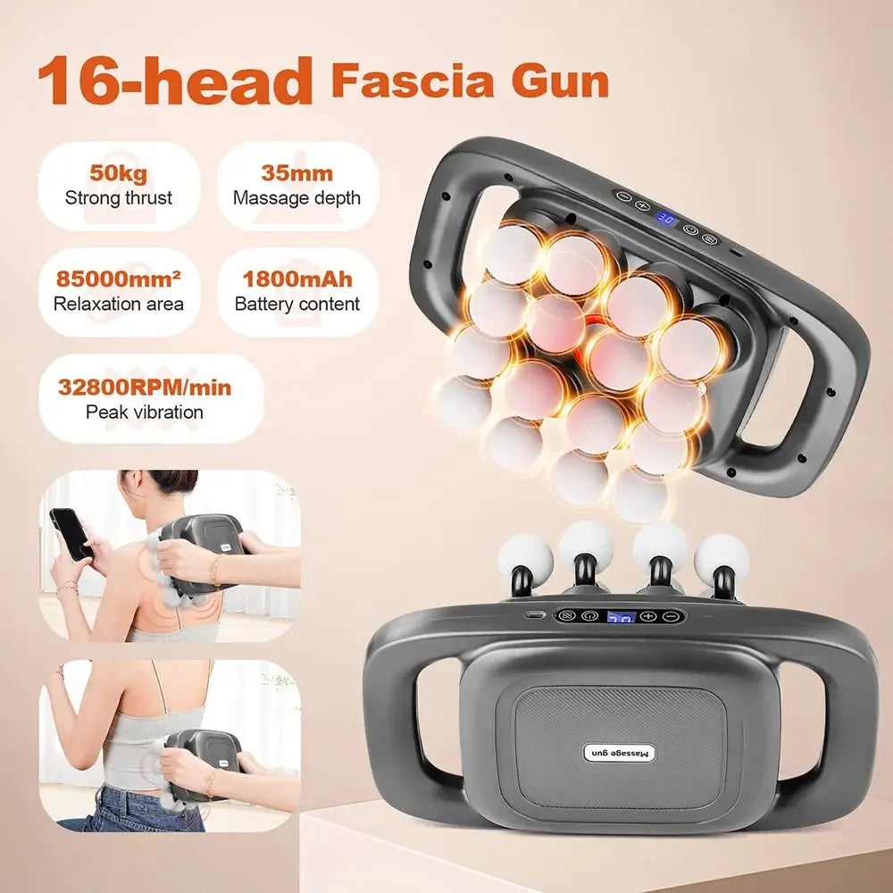 16-head fascia gun massager in gray with a digital control panel, 16 massage heads, and handheld design.