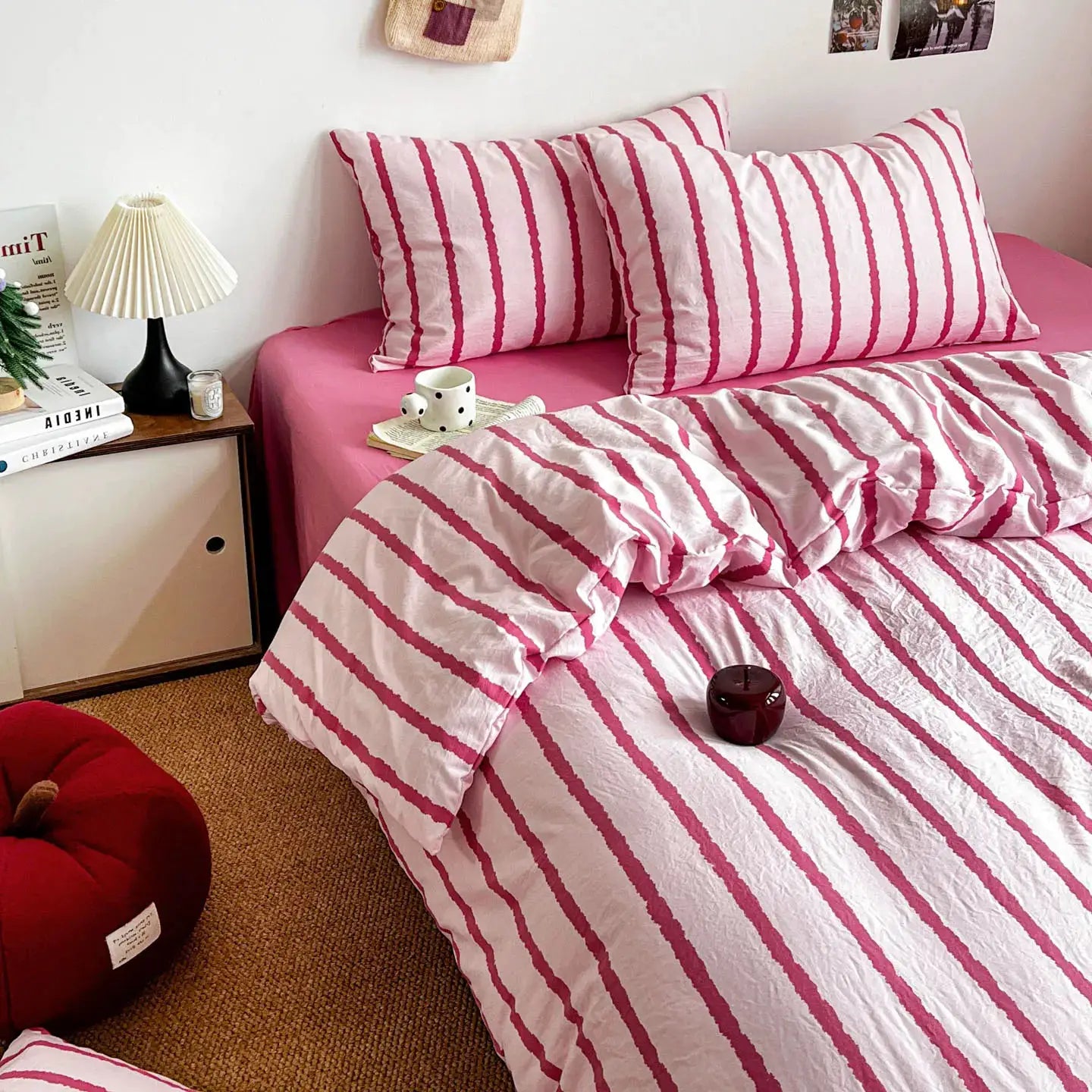 Duvet cover set by Simples Market: pink striped, 3-piece with 2 pillowcases in soft washed cotton