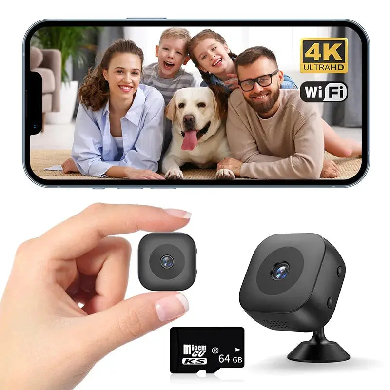 Simples Market Smart 4K Mini Camera with WiFi, night vision and motion detection; compact black security kit with 64GB microSD