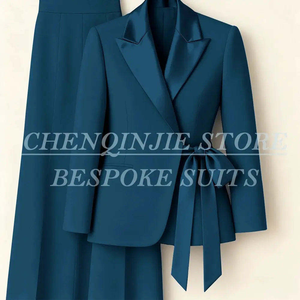 Teal peak-lapel blazer with waist-tie belt and matching teal pants, 2-piece women's formal suit