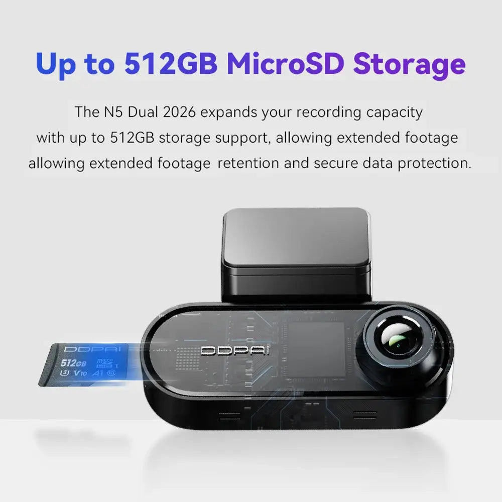 DDPAI N5 dual 4K HDR dash cam by Simples Market, black front and rear car DVR with 512GB microSD storage