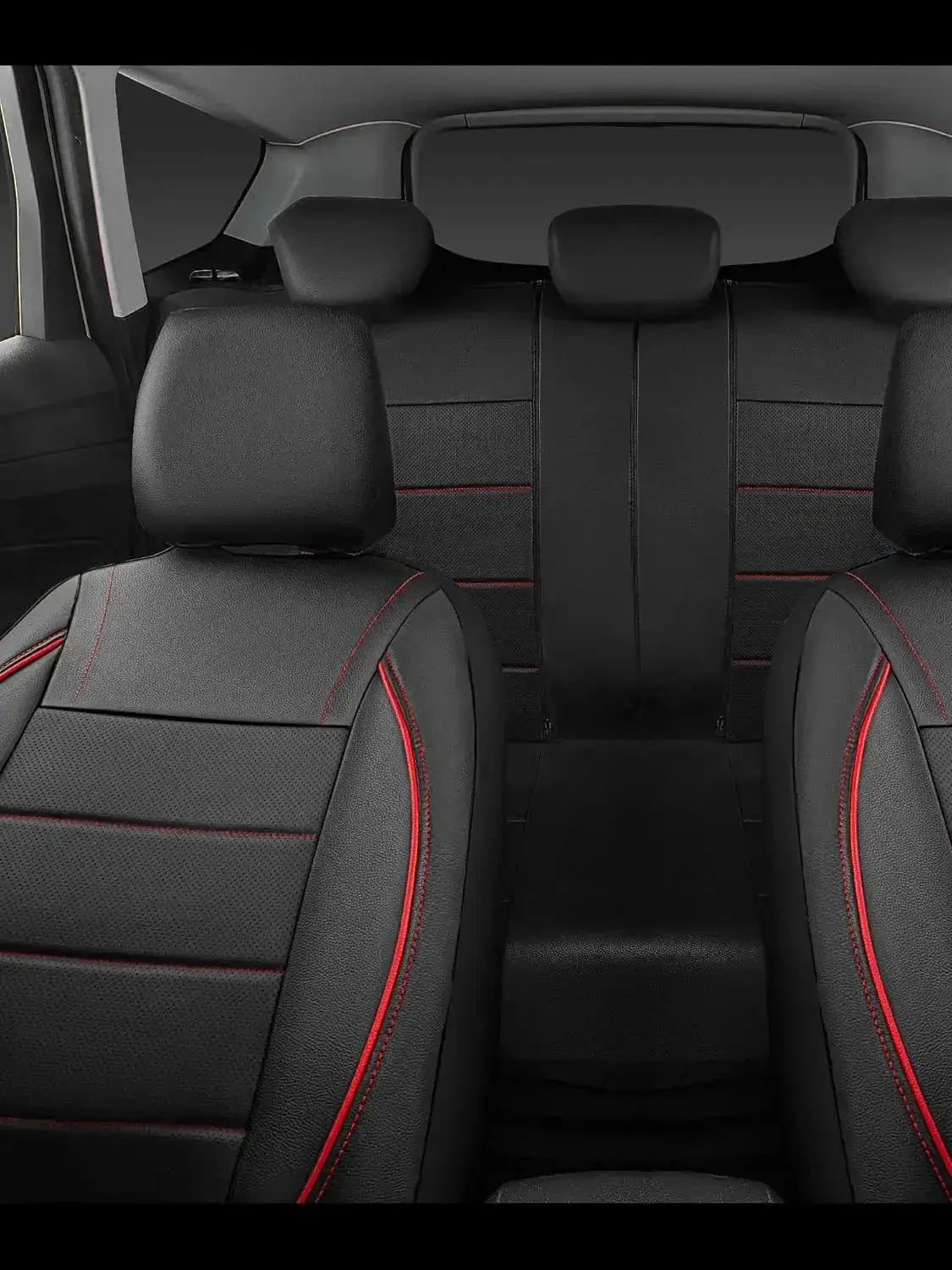 Universal leather car seat covers for 5 seats, black with red stitching