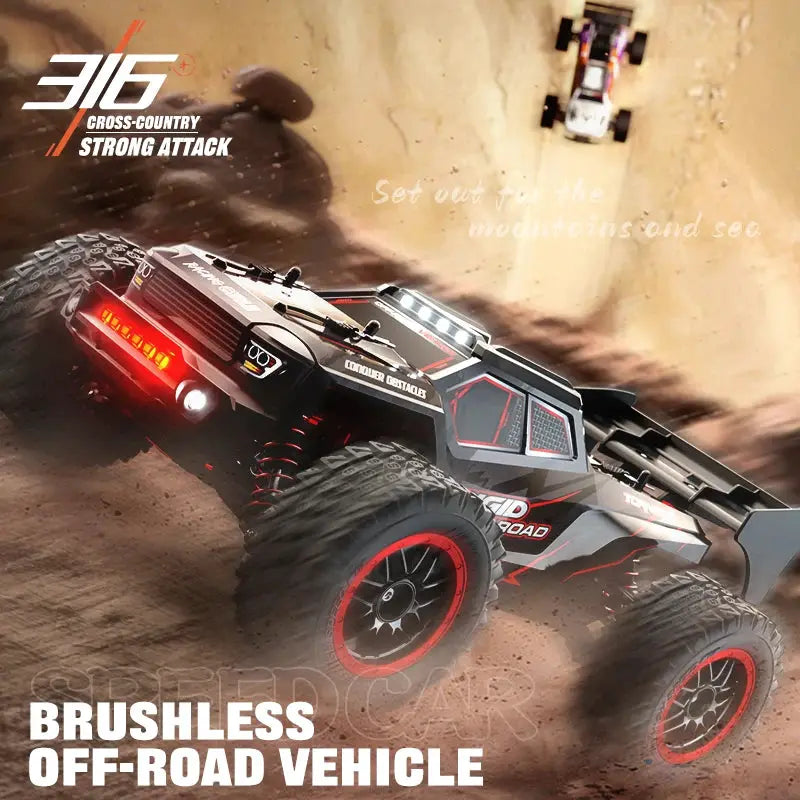 ZLL SG316 MAX 1:16 brushless RC drift off-road monster truck, black with red rims; two vehicles shown