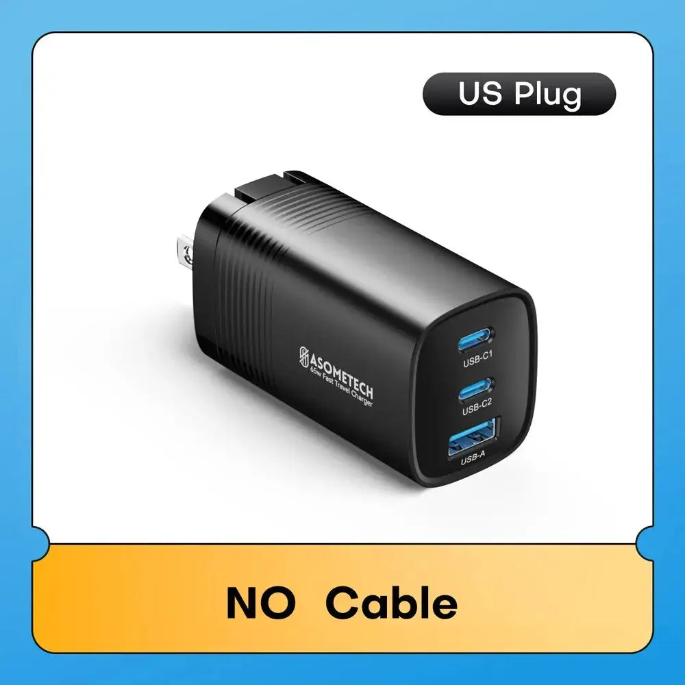 ASOMETECH GaN USB-C Charger 65W with USB-C1/USB-C2 and USB-A ports; black wall charger from Simples Market, no cable.