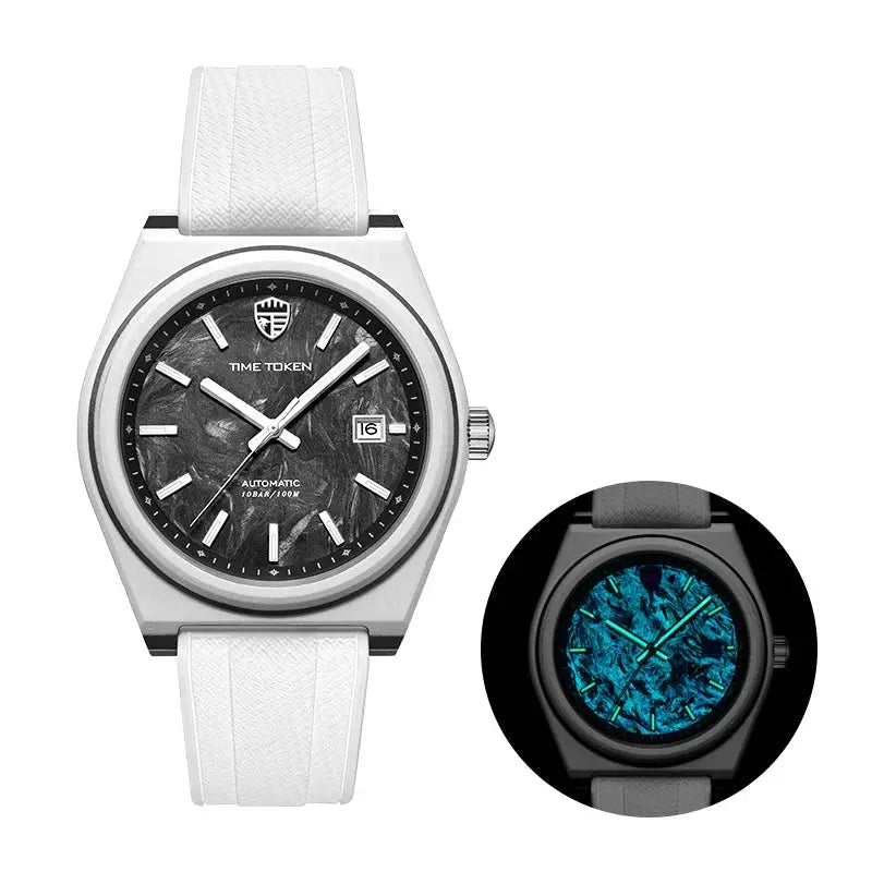 40mm carbon fiber automatic watch with white strap; luminous blue dial inset, two watches shown